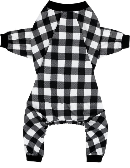 HDE Dog Pajamas One Piece Jammies Jumpsuit Pet Clothes Outfit Stretchy Lightweight Comfy Shirt Pjs for M-3XL Dogs Black & White Buffalo Plaid - L