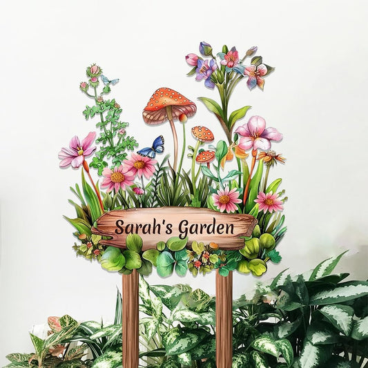Personalized Mushroom Metal Sign with Stake,Custom Gardener Last Name Signs Outdoor Decoration,Customized Flowers Garden Accessories Decor for Grandma,Butterfly Plaques for Patio Lawn Porch Backyard