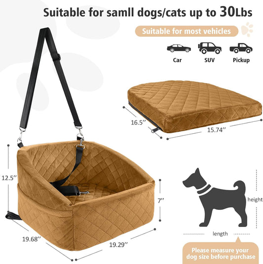 Dog Car Seat for Small Medium Dogs,Detachable Washable Dog Booster Seat Under 30lbs,Pet Car Seat Travel Bed with Storage Pockets and Dog Safety Belt(Brown - Pawvie