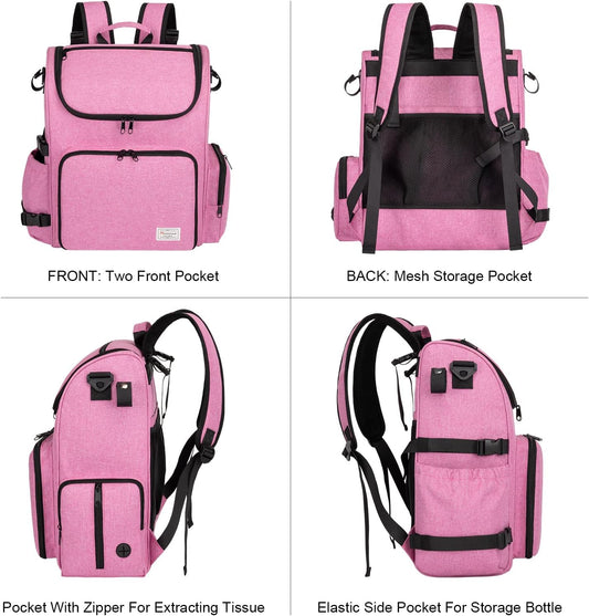 Modoker Dog Travel Bag Backpack, Airline Approved Pet Accessories Organizer for Dog and Cat with Shoulder Strap, 2 Dog Food Storage Containers, 2 Collapsible Dog Bowls,1 Pet Mat, Pink - Pawvie