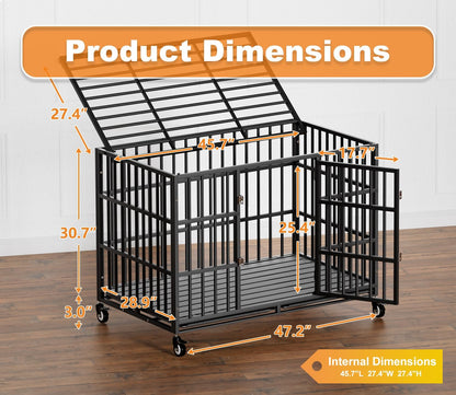 48 Inch Heavy Duty Dog Crate with Wheels,Indestructible Escape-Proof Dog Kennel with Locking Latch and Double Door,Extra Large XL XXL Crate Indoor for Large and Medium Dog with Removable Tray