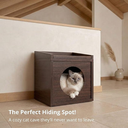 Meowdium Cat House – Cat Condo with Cardboard Scratcher, Scratching Post, Bed & Toy Storage, Cozy Cat Furniture & Accessories for Indoor Cats, Espresso