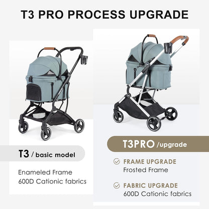 T3 Pro 3-in-1 Small Pet Stroller for Dog & Cats, 4 Wheels with Detachable Carrier with Pad, Canopy and Cup Holder, Green