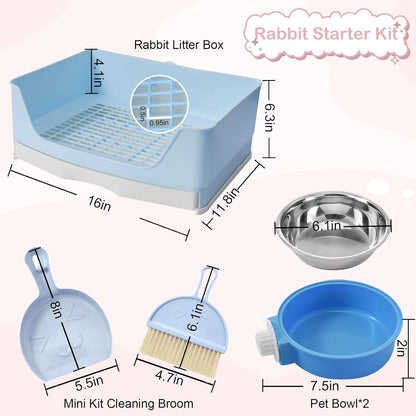 25 Pcs Large Rabbit Starter Kit, Bunny Litter Box with Drawer Animal Grooming Kit Stacking Cups Bowl Blankets Mat with Cleaning Set for Adult Guinea Pig, Ferret, Hamster, Bunnies Accessories (Blue)