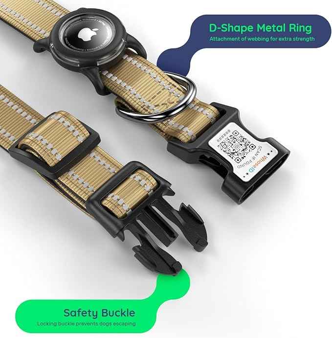 Dog Collar with QR Code, Reflective Dog Collar, Soft Neoprene Padded & Safety Locking Buckle Adjustable Pet Collar (Brown, S-with Airtag Holder)
