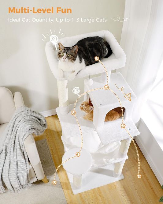 Cat Tree for Large Cats with Metal Plush Big Hammock, 56.3" Cat Tower for Indoor Cats with 2 Door Condo House, 6-Tier Cat Shelves with Scratching Posts and Large Top Perch, Cream White