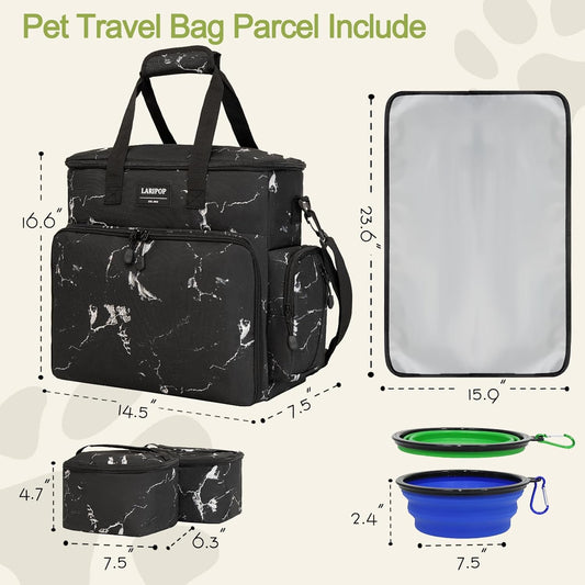Dog Travel Bag,Weekend Pet Travel bag Set for Dog and Cat,Airline Approved Tote Multi-Function Dog Bags for Traveling,Include 2 Collapsible Bowls,2 Food Storage Containers,1 Feeding Mat,Marble