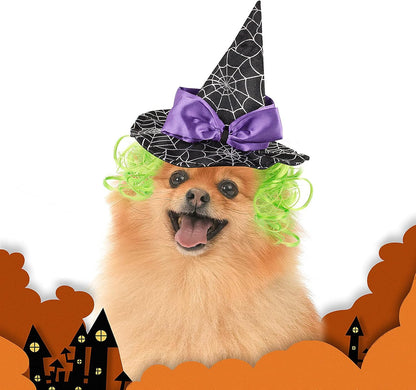 Enjoying Pet Halloween Costumes for Cats Small Dogs, Cat Witch Hat with Funny Wig, Adjustable Doggie Witch Hat Outfit, Kitten Halloween Sorcery Hat Cosplay