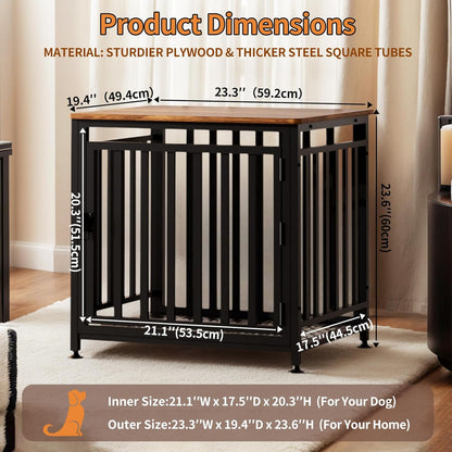 Dog Crate Furniture for Small Dogs, Dog Kennel Indoor, Anti-Chew Anti-Escape with Bed Crate Pad End Side Table Wooden Dog Crate,Steel-Tube Dog Cage, Rustic Brown