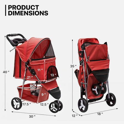 MoNiBloom 3 Wheels Pet Stroller, Foldable Puppy Cage Jogger Stroller with Weather Cover for All-Season, Storage Basket and Cup Holder, Breathable and Visible Mesh for Small/Medium Pets, Red - Pawvie
