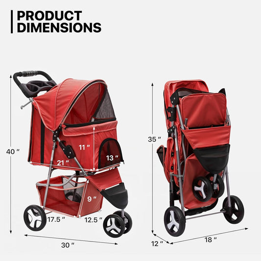 MoNiBloom 3 Wheels Pet Stroller, Foldable Puppy Cage Jogger Stroller with Weather Cover for All-Season, Storage Basket and Cup Holder, Breathable and Visible Mesh for Small/Medium Pets, Red - Pawvie