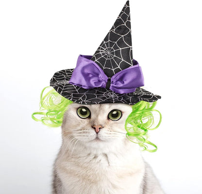 Enjoying Pet Halloween Costumes for Cats Small Dogs, Cat Witch Hat with Funny Wig, Adjustable Doggie Witch Hat Outfit, Kitten Halloween Sorcery Hat Cosplay