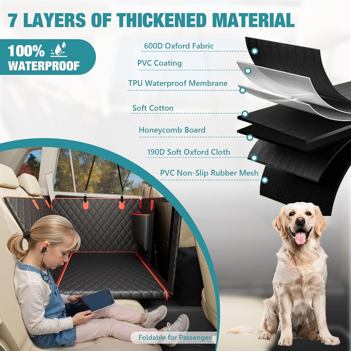 Waterproof Dog Car Seat Cover for Back Seat – Heavy Duty Back Seat Extender for Dogs with Hard Bottom, 7-Layer Protection, Non-Slip & Scratchproof, Easy to Install (Red) - Pawvie