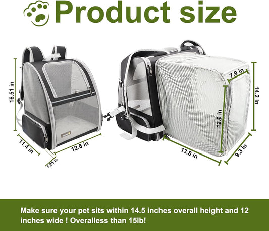 Texsens Cat Backpack - Expandable Pet Carrier for Medium Cats and Small Dogs up to 17 lbs - Breathable, Collapsible & Soft Cat Travel Bag for Outdoor Hiking (Black) - Pawvie