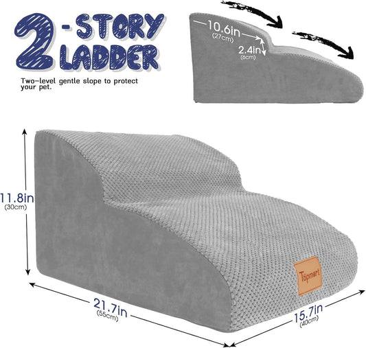 Topmart High Density Extended Foam Dog Ramp&Steps 2 Tiers,11.8" High,Non-Slip Dog Stairs,Soft Foam Pet Ladder with Waterproof Cover,Best for Injured,Older Cats,Pets with Joint Pain
