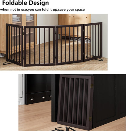 Wooden Dog Gate Freestanding Foldable 4 Panel Pet Gates Extra Wide Dog Gates for Indoor Doorways Stairs 24in Height Support Feet Included