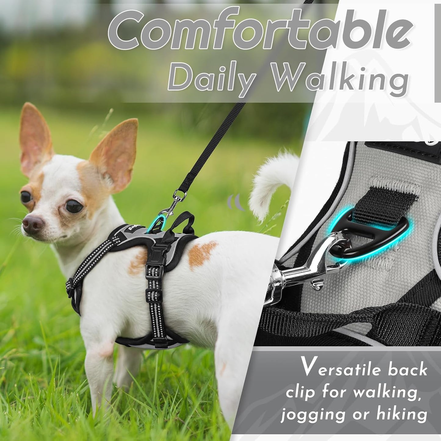 Eagloo Small Dog Harness No Pull, Service Vest with Reflective Strips and Control Handle, Adjustable and Comfortable for Walking, No Choke Pet Harness with 2 Metal Rings, Grey, XS