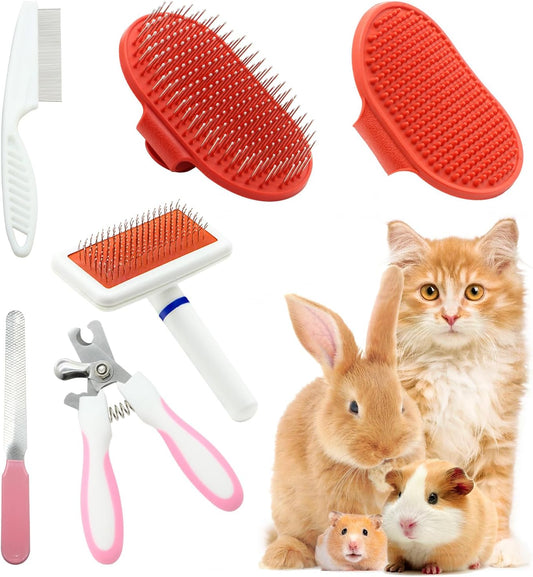 Cat Grooming Kit Set with Pet Shedding Slicker Brush Nail Clipper Trimmer Pet Massage Bath Glove Flea Comb for Bunny Puppy Kitten Guinea Pig Chinchilla Ferret Small Animals (Red, Pink)