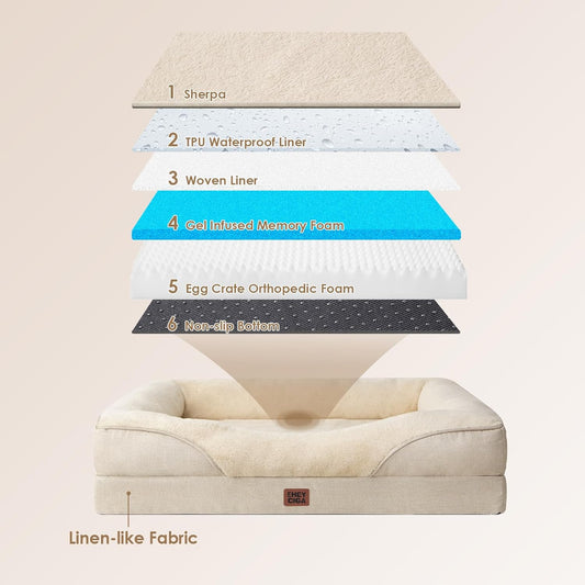 EHEYCIGA Memory Foam XL Dog Bed for XLarge Sized, Extra Large Orthopedic Dog Sofa with Sides and Waterproof Liner, Washable Bolster Pet Couch with Removable Cover, 48x35x7.5 Inch, Beige