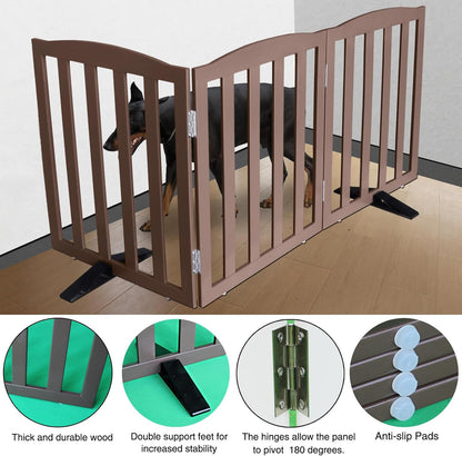 ZJSF Foldable Freestanding Indoor Dog Gate for House Wood Long Pet Gates Dog Fence for Stairs Puppy Gates for Hallways, Puppy Gate,Support Feet Included, Brown, 32 "Height-3 Panels