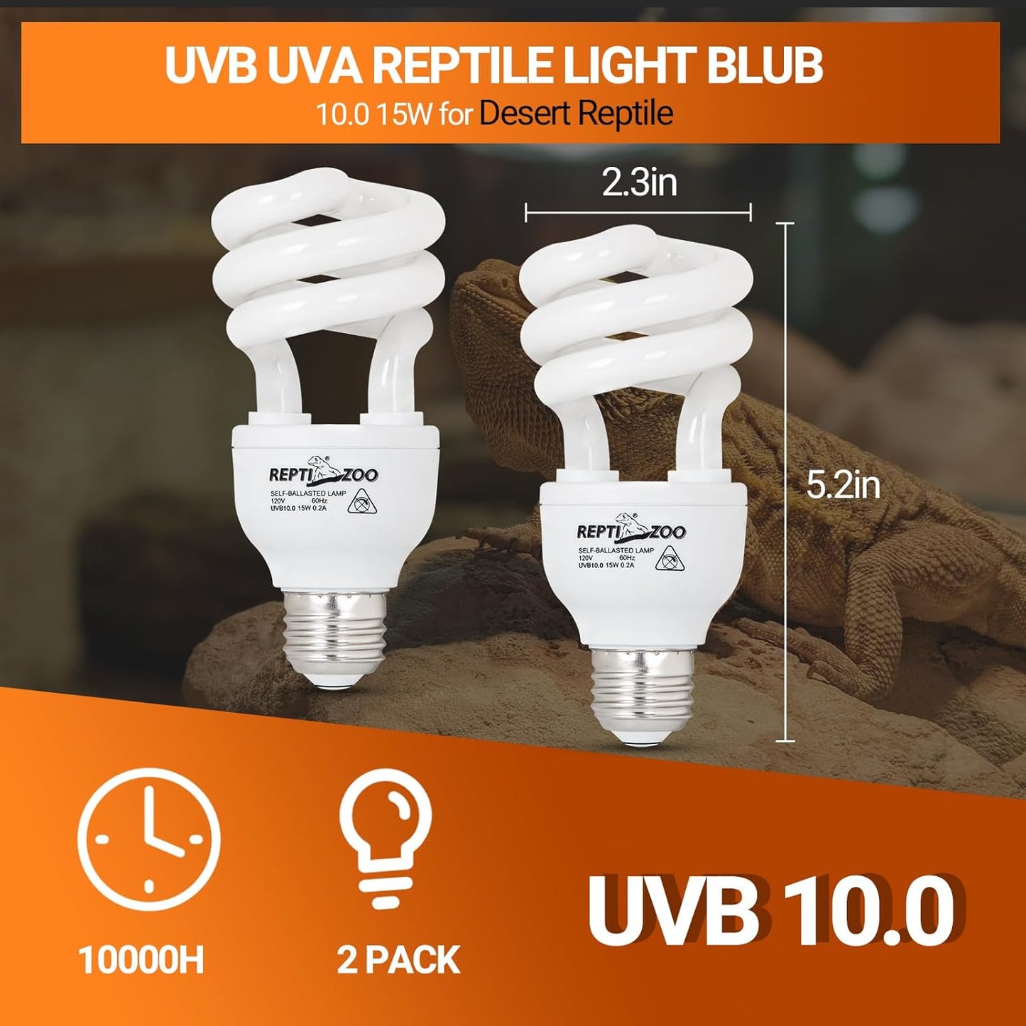 REPTI ZOO UVB Light for Desert Reptile 2 Pack, 10.0 15W UVA UVB Reptile Light Bulb, UVB Lamp for Bearded Dragons Tortoises Lizards Snakes