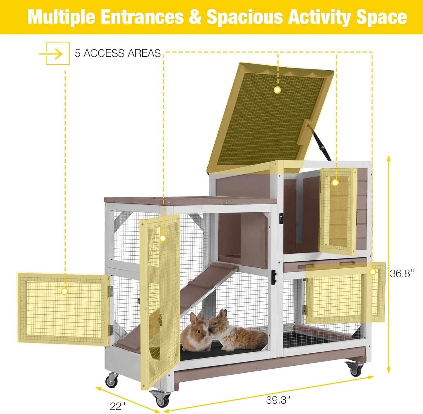 Aivituvin Rabbit Cage Indoor Outdoor Bunny Hutch on Wheels, 2 Story Wood Guinea Pig Cages with 2 Deeper Pull Out Trays