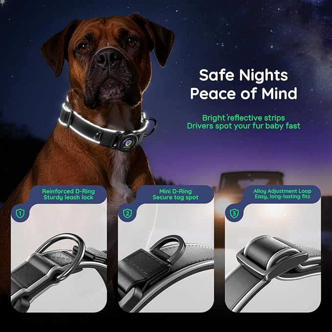 WhoseID Premium Leather Dog Collar - Waterproof AirTag Dog Collar | Magnetic Buckle Heavy Duty Collar | Medium Reflective Dog Collar with AirTag Holder