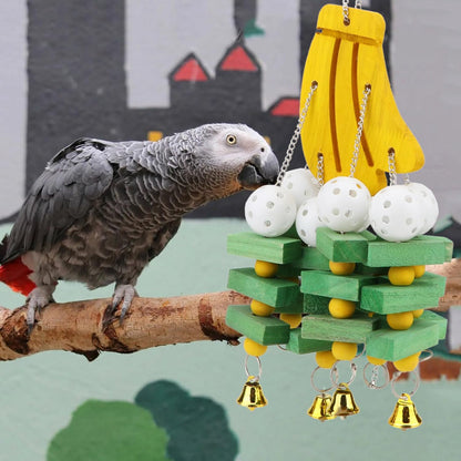 Hypeety Large Parrot Hanging Swing Toy Bells Chew Toy Colorful Hanging Wood Block Parrot Macaw African Greys Cockatiels Budgies Conure Banana Shape Natural Birds Cage Hanging Toy