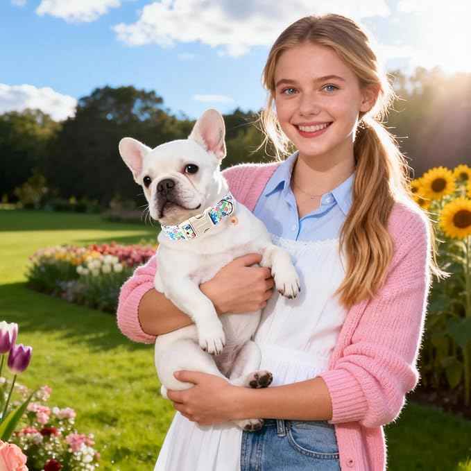 DOGWONG Cute Flower Printed Collar for Small Medium Large Dogs - Blue Floral Dog Collar for Girl Female Boy Dogs,M