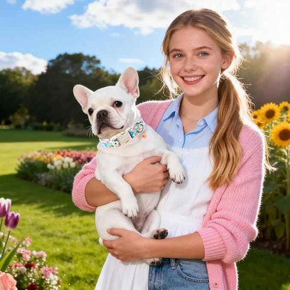 DOGWONG Cute Flower Printed Collar for Small Medium Large Dogs - Blue Floral Dog Collar for Girl Female Boy Dogs,M