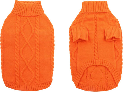 Queenmore Small Dog Pullover Sweater, Cold Weather Cable Knitwear, Classic Turtleneck Thick Warm Clothes for Chihuahua, Bulldog, Dachshund, Pug (Orange, Small)