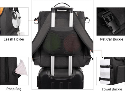 Modoker Dog Travel Bag Backpack, Airline Approved Pet Accessories Organizer for Dog and Cat with Shoulder Strap, 2 Dog Food Storage Containers, 2 Collapsible Dog Bowls,1 Pet Mat, Black - Pawvie