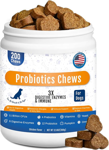 Probiotics for Dogs Dog Probiotic Chews for Yeast Gut Digestive & Immune Health, Itch Relief Ears Skin & Coat with 11Billion CFU Probiotics, 6 Enzymes& 4 Prebiotics, Pumpkin, Omegas & Vitamins, 200ct
