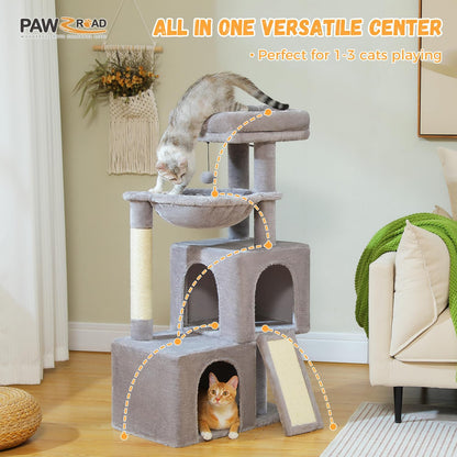 PAWZ Road Large Cat Tree, 41 Inches Multi-Level Cat Tower with 2 Spacious Condos for Indoor Cats, Large Cat House with Comfy Hammock, Padded Perch, Scratching Pad and Replaceable Balls-Gray