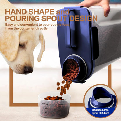 Dog Food Storage Container, 5-7 Lbs Airtight Pet Food Container, Cat food Container Dispenser with Portable Handle, Pouring Spout and a Collapsible bowl for Dogs Cats Navy Blue/6Qt