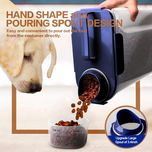 Dog Food Storage Container, 5-7 Lbs Airtight Pet Food Container, Cat food Container Dispenser with Portable Handle, Pouring Spout and a Collapsible bowl for Dogs Cats Navy Blue/6Qt