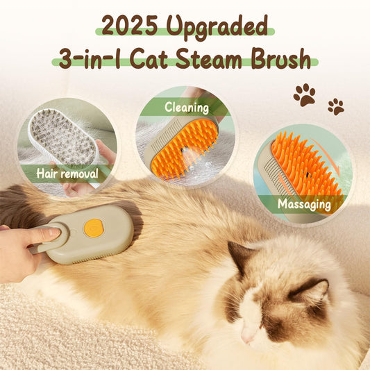 Upgrade Cat Steam Brush, 3 in 1 Pet Steam Groomer Brush, Rechargeable Pet Steam Groomer Comb for Massaging and Cleaning Shedding Pets Hair, Anti-Static Hair Removal Comb for Cats Dogs (Khaki+White)
