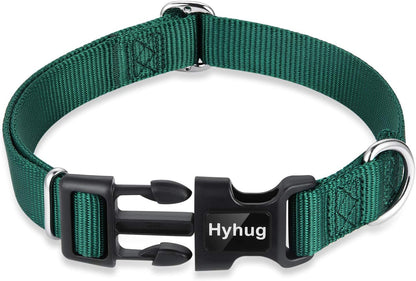 Hyhug Pets Solid Color Classic Regular Heavy Duty Basic Collar for Medium Dogs Daily Use, Unique Design Adjustment Triglide Slide (Buckle) Can Attached Name Tag Accessories. (Medium, Dark Green)