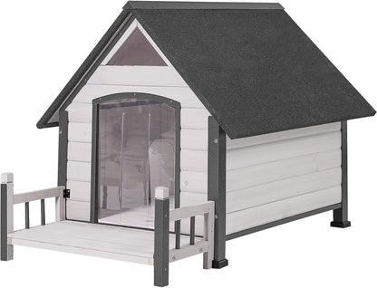 Aivituvin Dog House Outdoor with Metal Frame, Dog Kennel Outside for Small to Medium Breed, 45" Weatherproof Large Dog Shelter with Anti-Chewing Iron Frame, White (45" D x 32.9" W x 32.6" H)