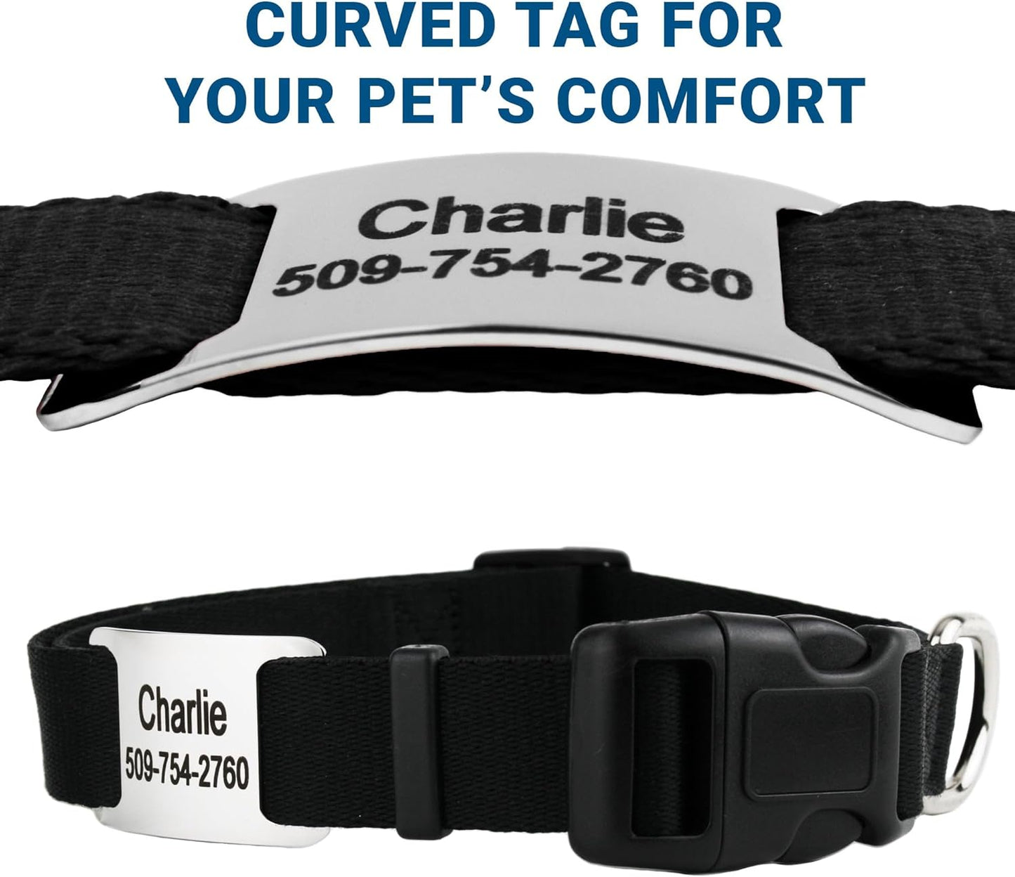 GoTags Reflective Personalized Dog Collar with Nameplate, Adjustable Dog Collar with Custom Engraved Steel Slide On Pet ID Tag, Silent, No Noise Dog Tag for Large Medium or Small (Light Gray, Small)