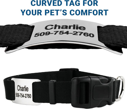 GoTags Personalized Dog Collar with Nameplate, Adjustable Dog Collar with Custom Engraved Slide On Pet ID Tag in Stainless Steel, Silent, No Noise Dog Tag (Charcoal, X-Small)