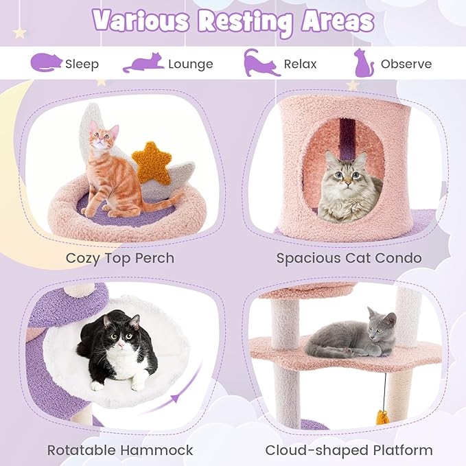 PETSITE Star and Moon-Themed Cat Tree Tower, Multi-Level Modern Cat Tower with Sisal Scratching Posts, Cat Condo, Side Hammock, Hanging Dangling Toys, Cute Cat Tree for Indoor Cats (62 Inch Tall)