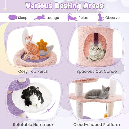 PETSITE Star and Moon-Themed Cat Tree Tower, Multi-Level Modern Cat Tower with Sisal Scratching Posts, Cat Condo, Side Hammock, Hanging Dangling Toys, Cute Cat Tree for Indoor Cats (62 Inch Tall)