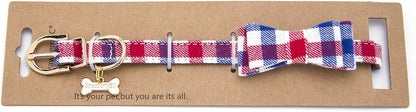 Puppy Collars for Small Dogs - StrawberryEC Adjustable Puppy Id Buckle Collar Leather. Cute Plaid Bowtie Blue Dog Collar (Bow-Blue-Grid)