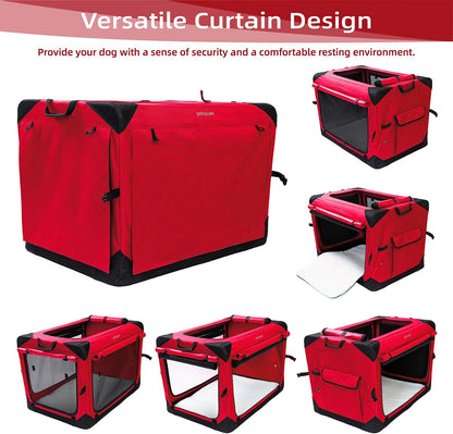 Pettycare 42 Inch Collapsible Dog Crate with Curtains Travel Dog Crate for Airflow and Calm Soft Pet Kennel with Portable Bag and More Chew Proof Mesh Indoor & Outdoor Red 4 Door Curtains