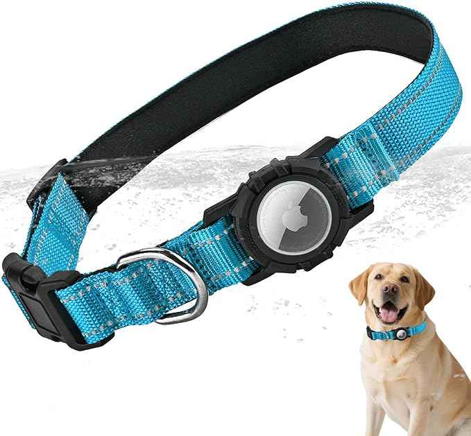 Airtag Dog Collar with Waterproof Air Tag Holder, Integrated Reflective Pet Collar with Soft Padding, Adjustable Nylon Collar for Small Medium Large Dogs, Blue, S (11.8"-15.7")