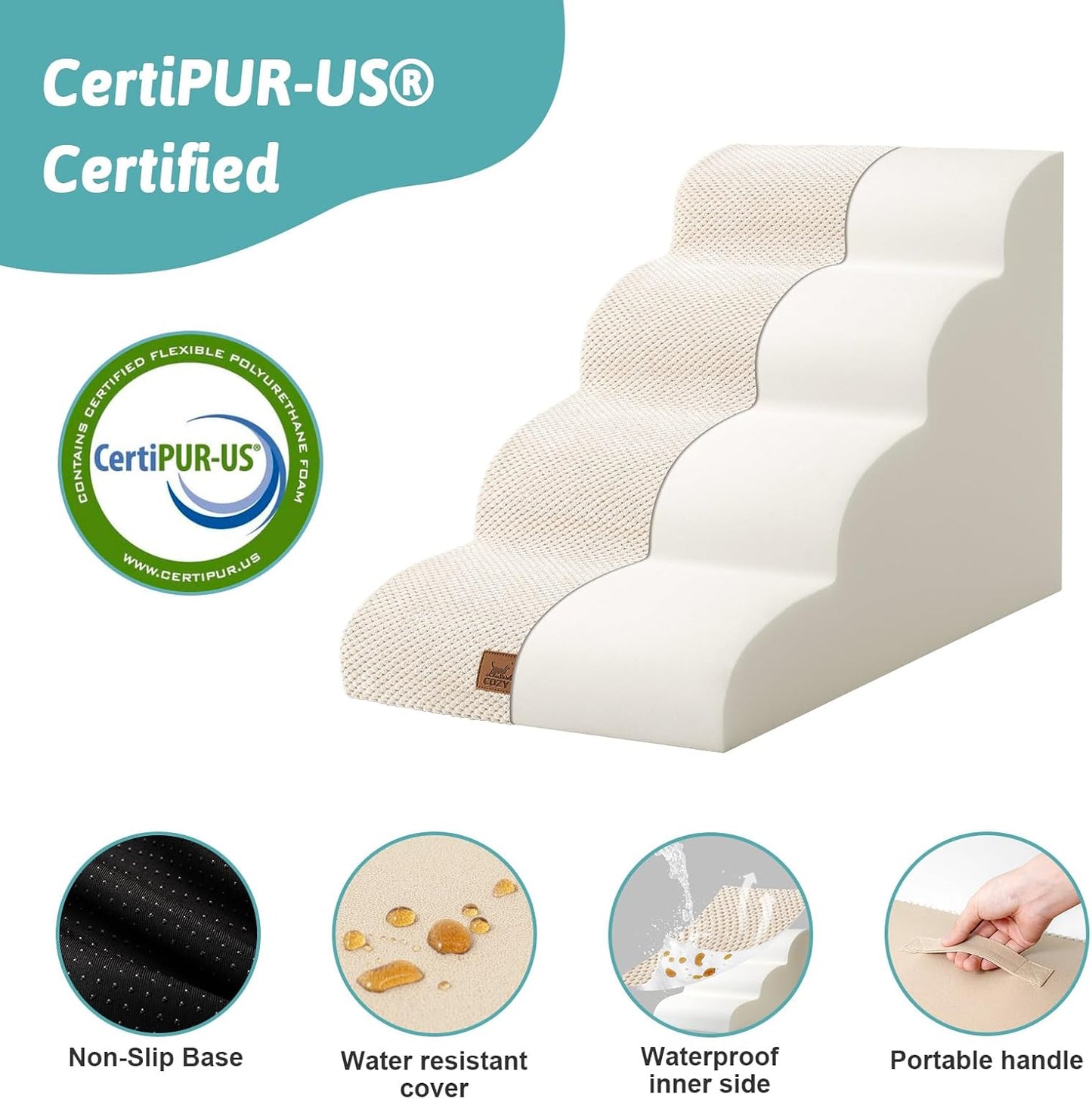 Dog Stairs for Small Dogs 19.7" H, Curved Dog Step for Puppy, Older or Cat, Medium Pet Ramp for Sofa, Couch or Bed, Ladder with High Density Foam, 15.7x28.3x19.7 inch, 4 Step, Beige - Pawvie