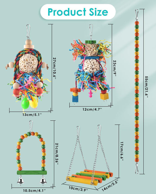 Bissap Conure Toys, 5 PCS Parrot Foraging Shredder Hanging Toys Sola Balls with Sand Hammer Perch Swing Climbing Ladder for Small Parrots Parakeets Conures Cockatiels Love Birds Cage Toy