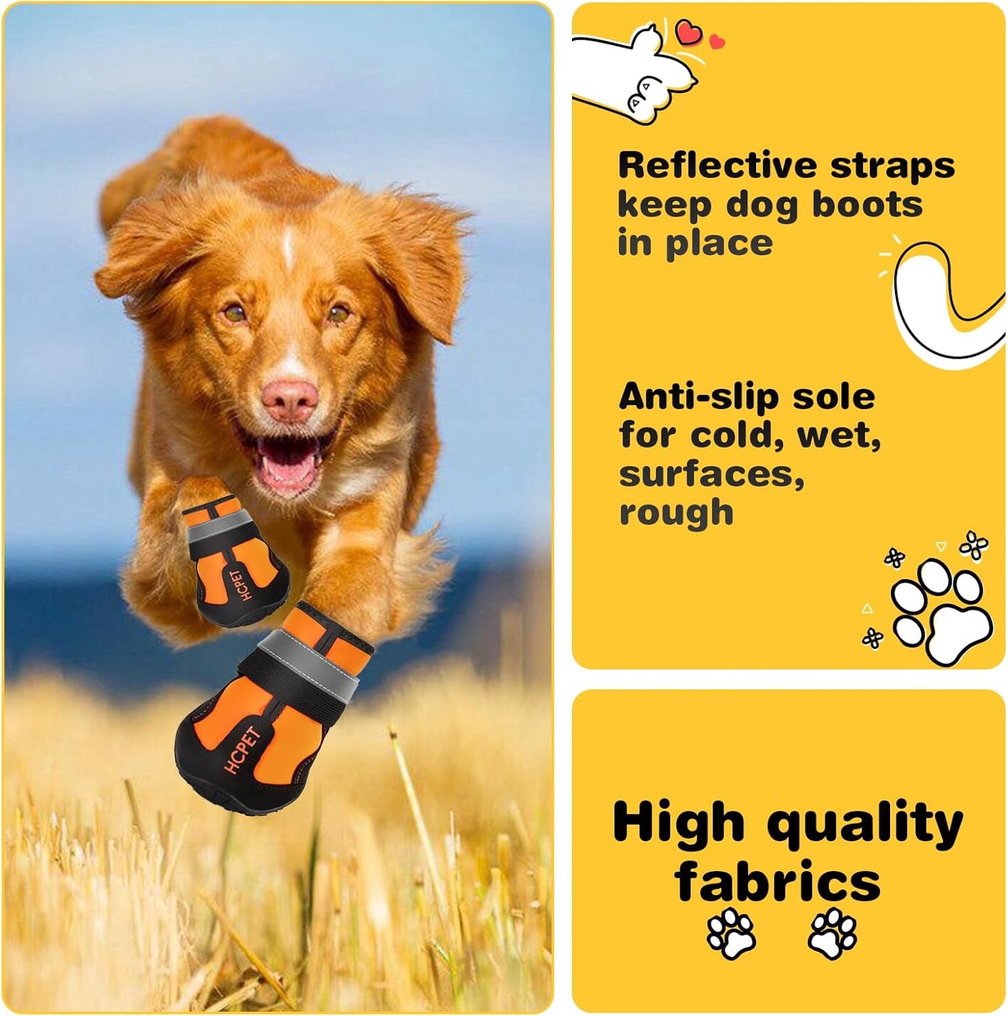 Hcpet Dog Shoes, Dog Boots for Small Dogs, Waterproof Medium Dog Booties Paw Protector for Summer Hot Pavement, Winter Snowy Day, Outdoor Walking, Indoor Hardfloors Anti Slip Sole Orange Size 4