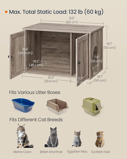 SONGMICS Home Litter Box Enclosure, Superfast Toolless Assembly, Cat Litter Box Furniture, Push-to-Open Doors, Indoor Cat House, Greige UPCL233LK02S